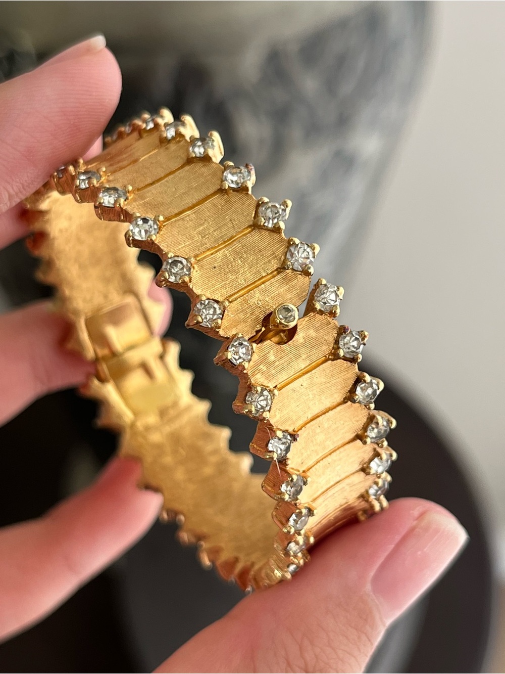 Vintage Joseph Mazer 40s Jomaz Rhinestone Tip Brushed Gold Cuff Bangle Bracelet